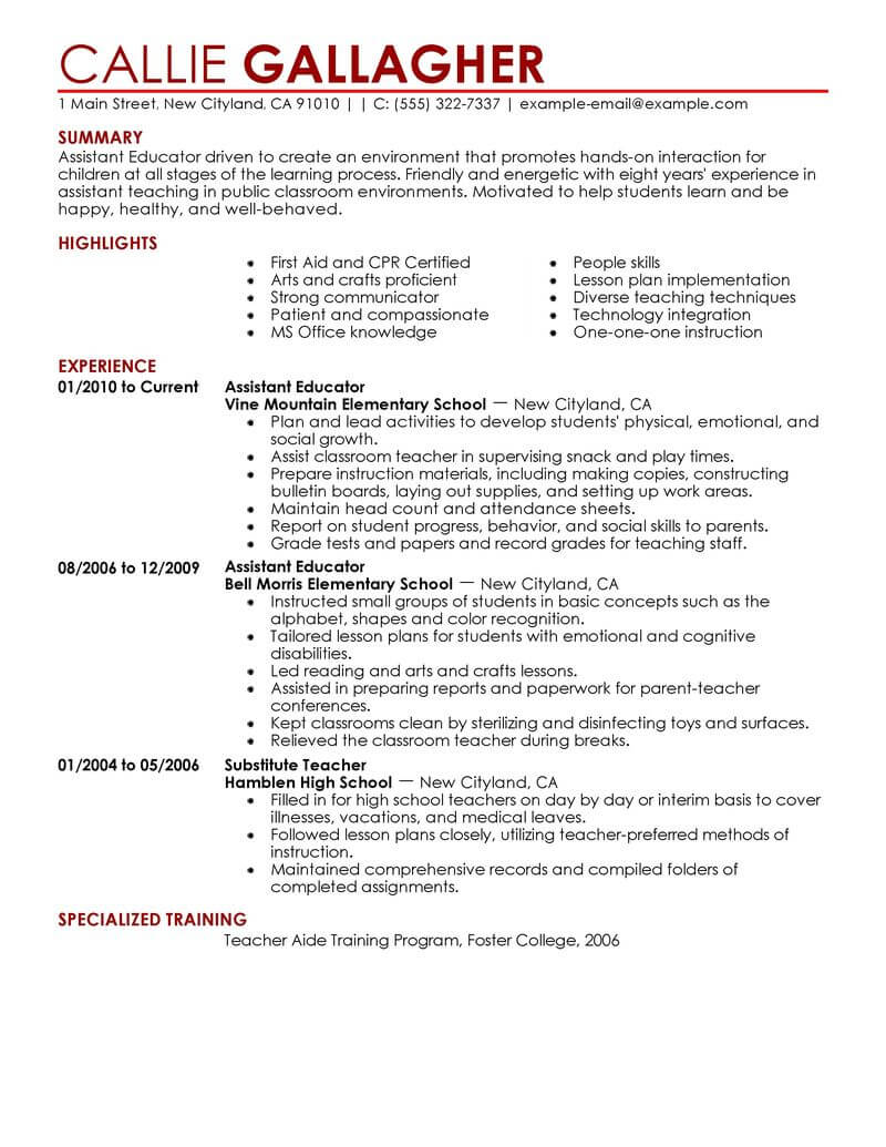 resume sample for education assistant