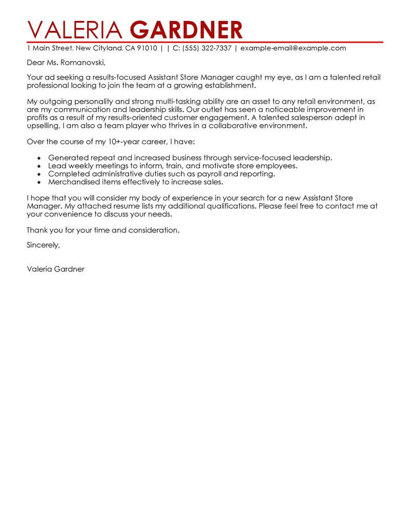 cover letter for retail assistant manager