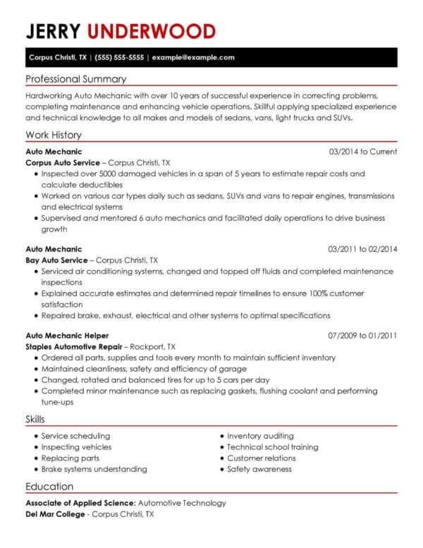 auto mechanic resume skills examples