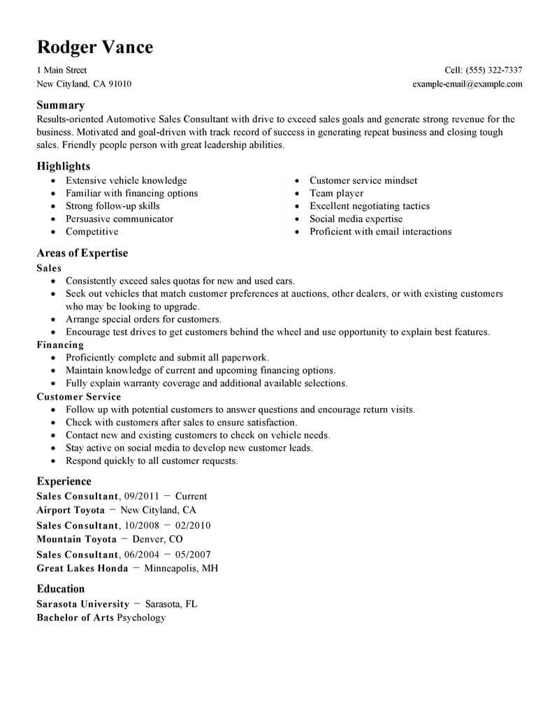 sales consultant job description for resume