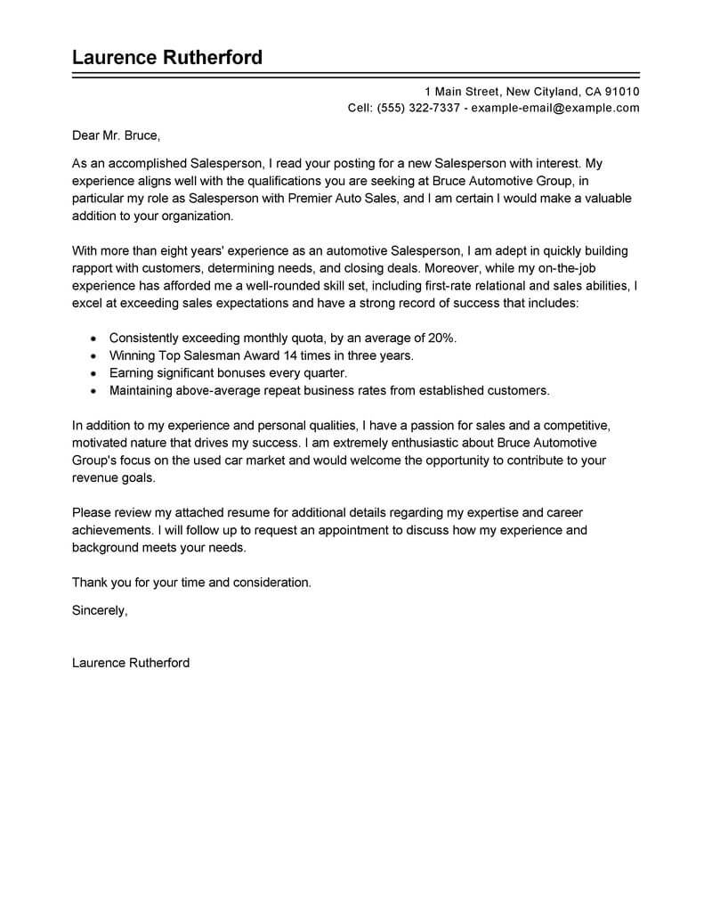 sample cover letter for automotive sales