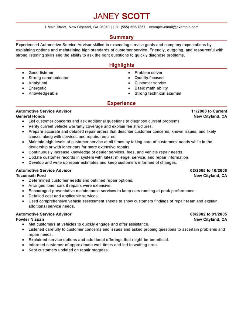 sample resume objective service advisor