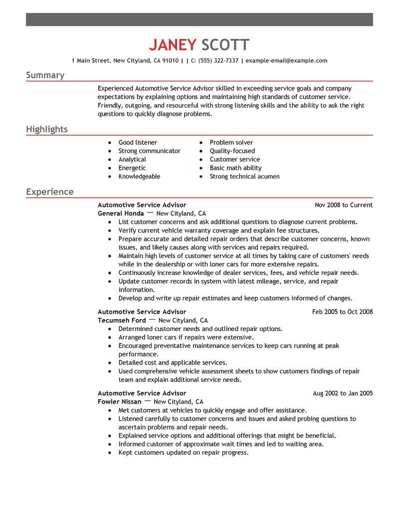 automotive service advisor resume cover letter