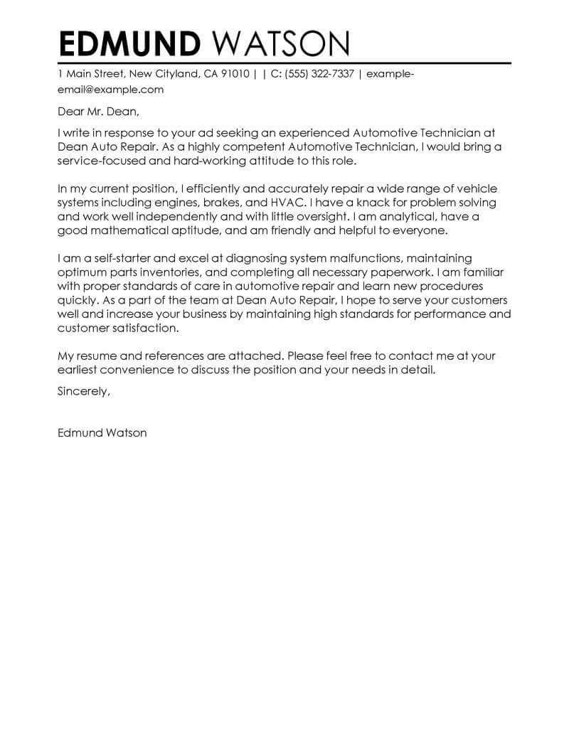 cover letter for automotive technician sample