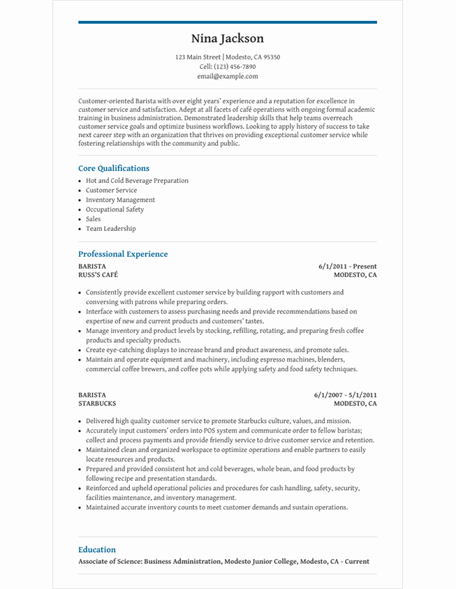 sample resume objective for barista position