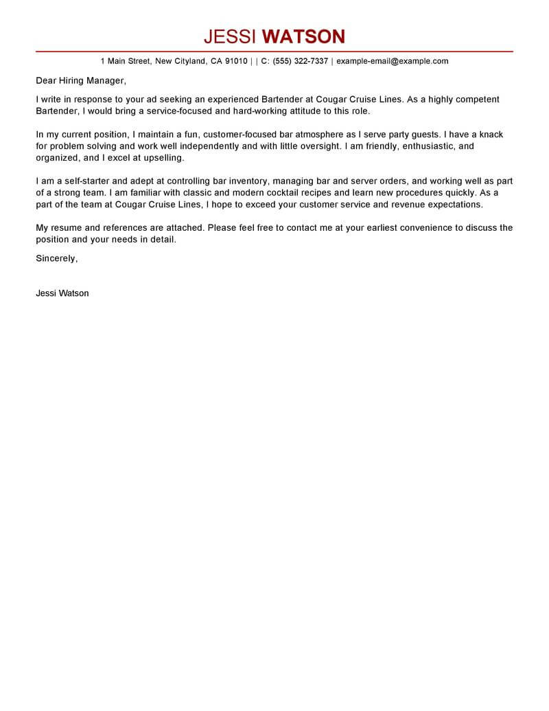 example of application letter for bartender