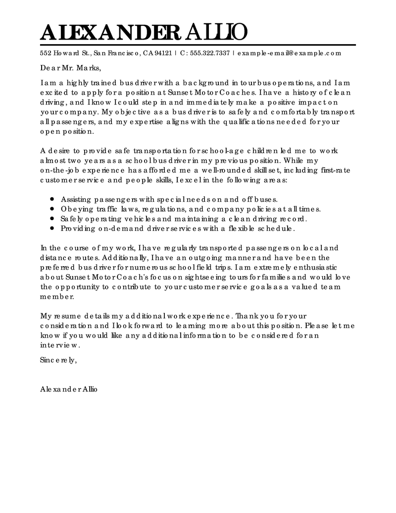 sample cover letter for school bus driver with no experience