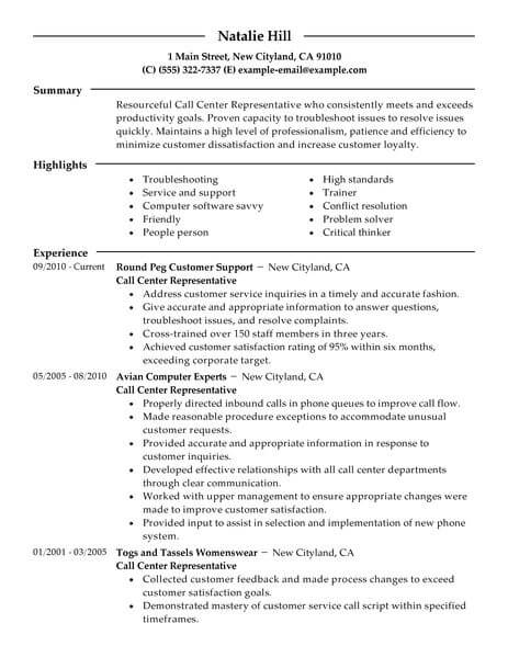 sample resume of call center agent with experience