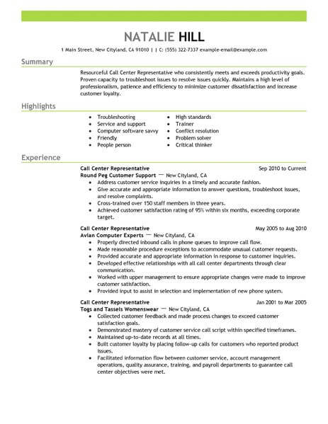 resume examples call center representative