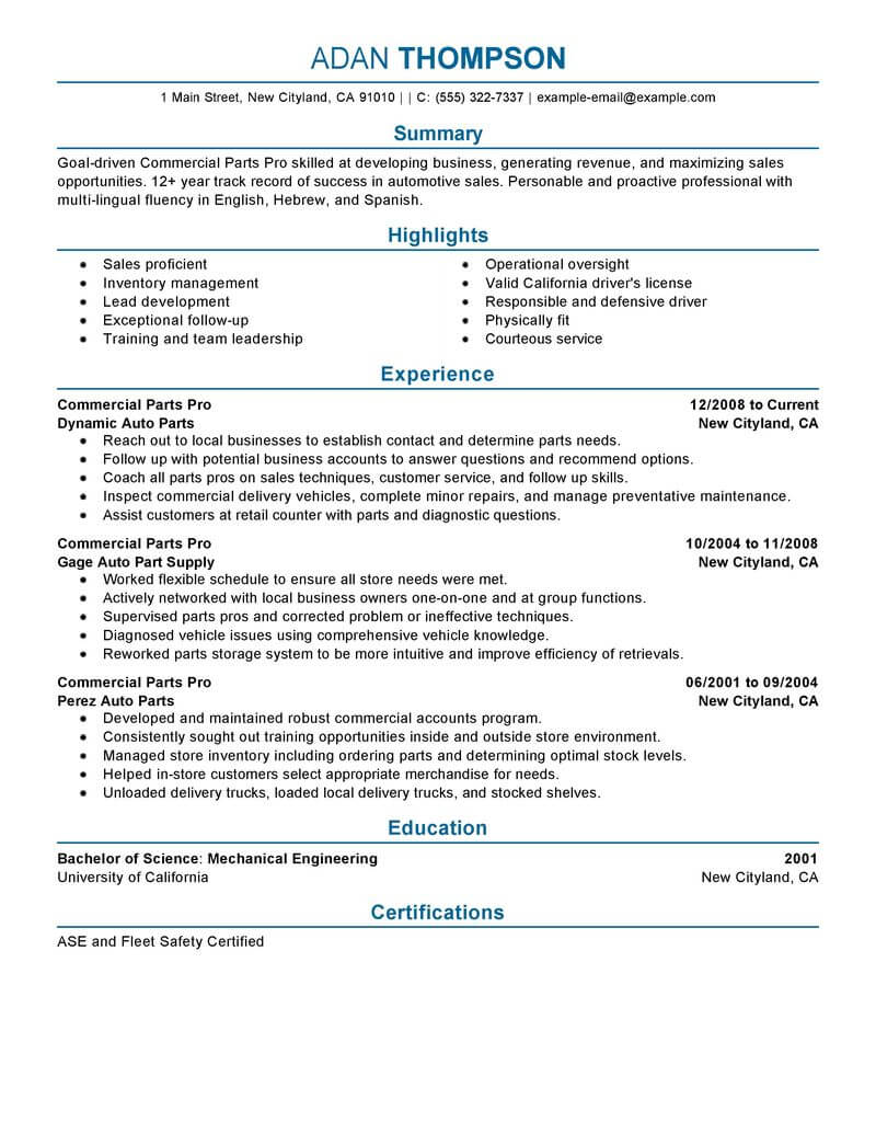 resume examples for auto parts sales