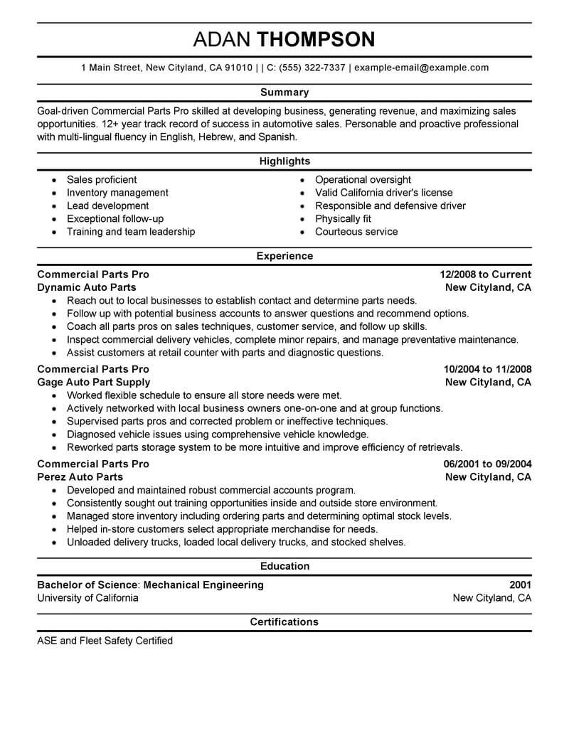 resume summary examples for automotive