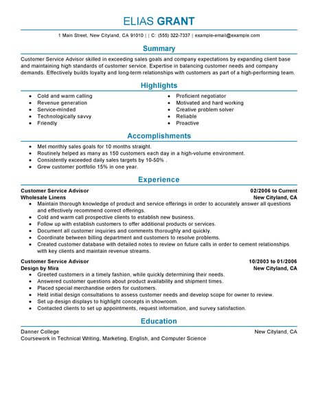 Client Advisor Resume Sample