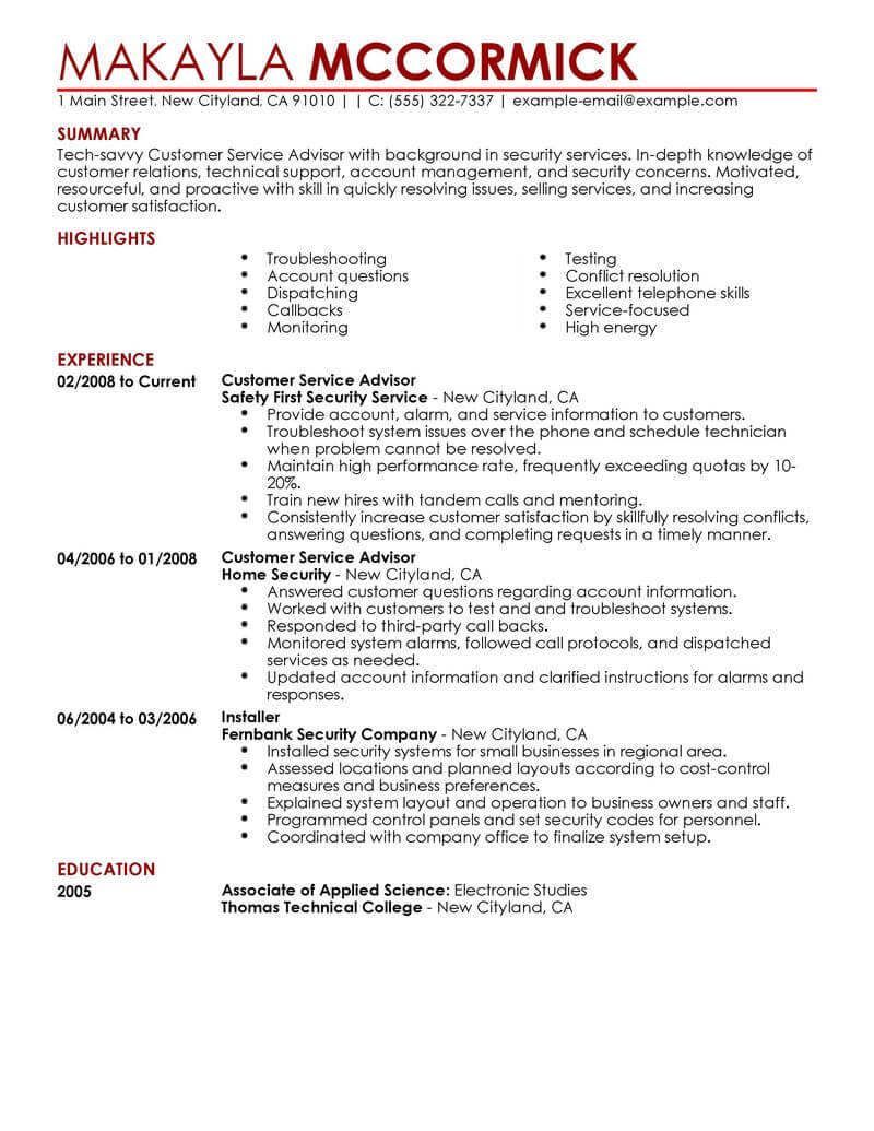 service advisor resume examples