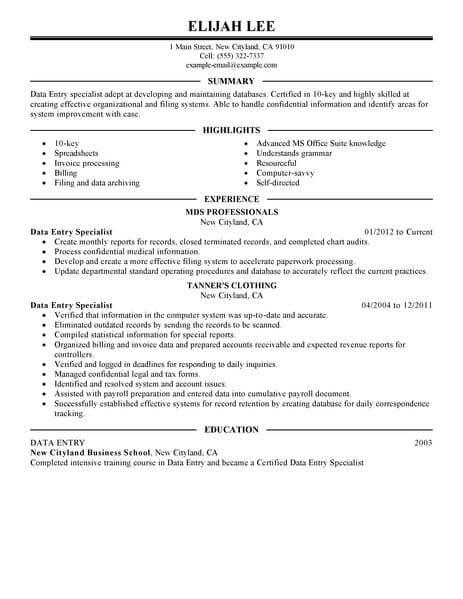 Data Entry Resume Sample With Experience