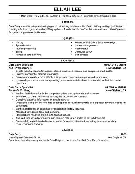 functional resume data entry