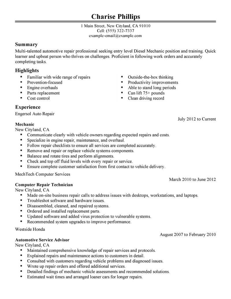 mechanic helper job description resume