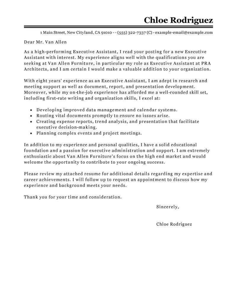 cover letter executive assistant sample