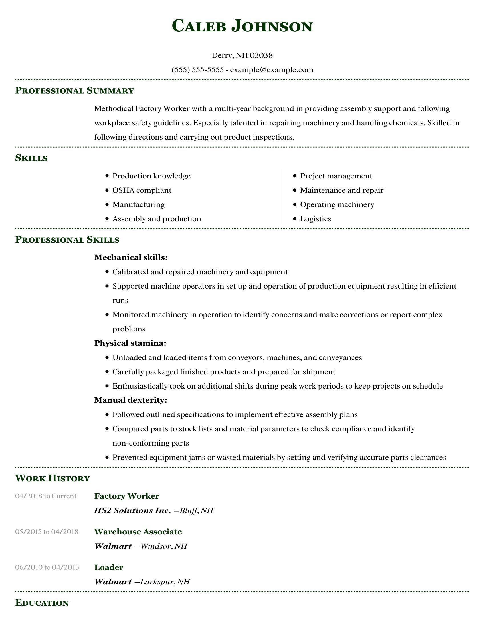 general resume objective examples for factory work