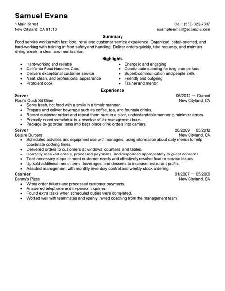 resume format for fast food restaurant manager