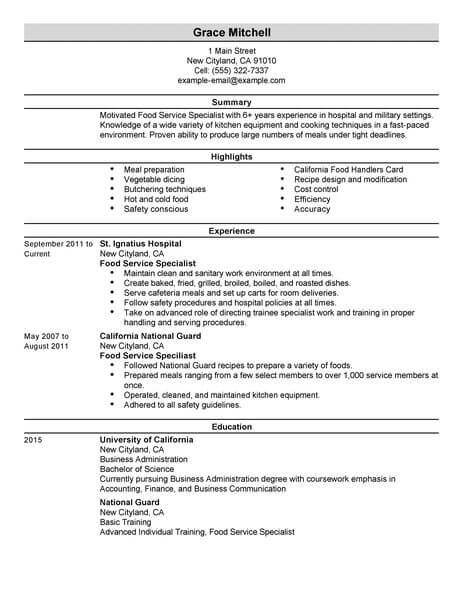 resume for food service worker