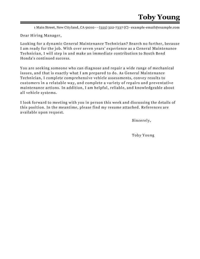 maintenance technician application letter