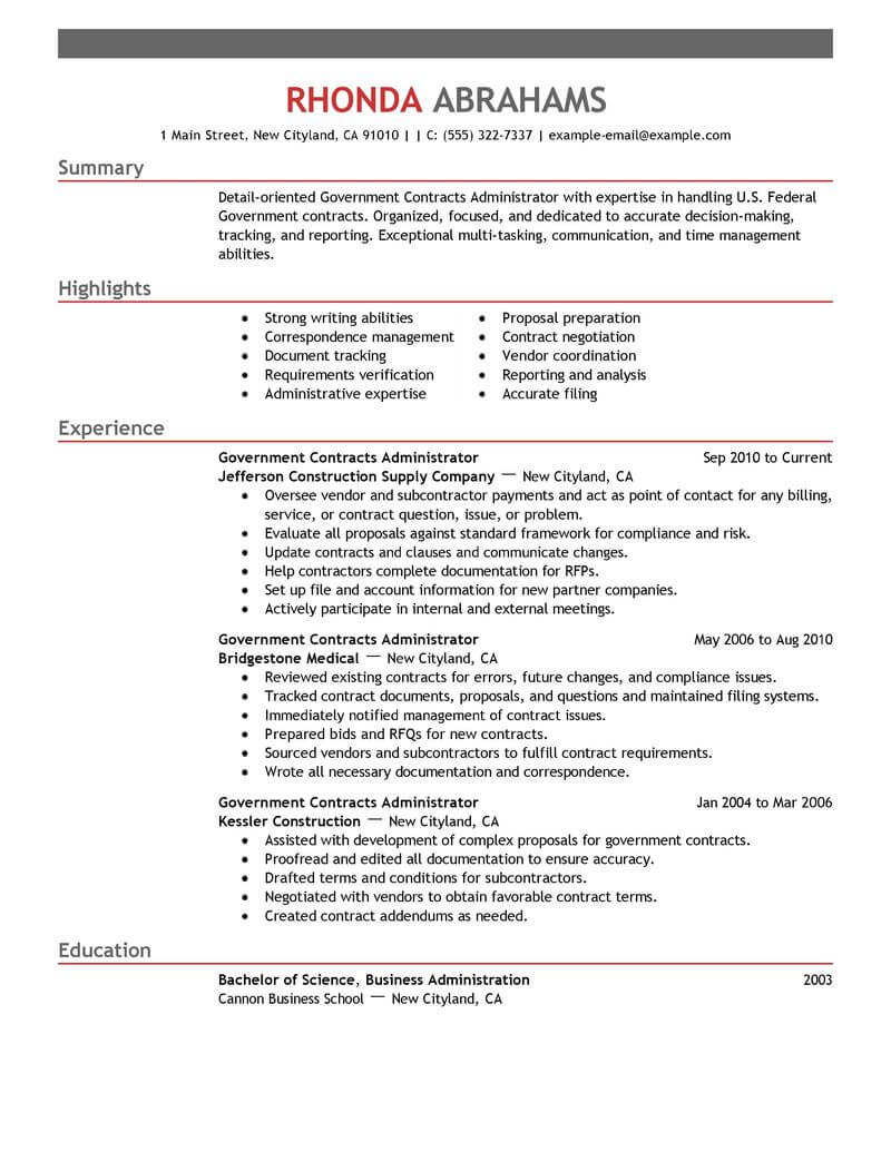 resume example for government job