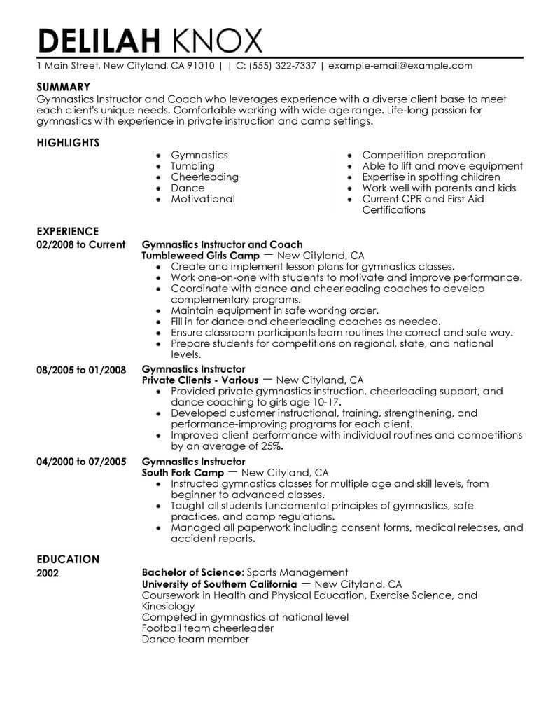 Gymnastics Instructor Resume Examples | Fitness | LiveCareer