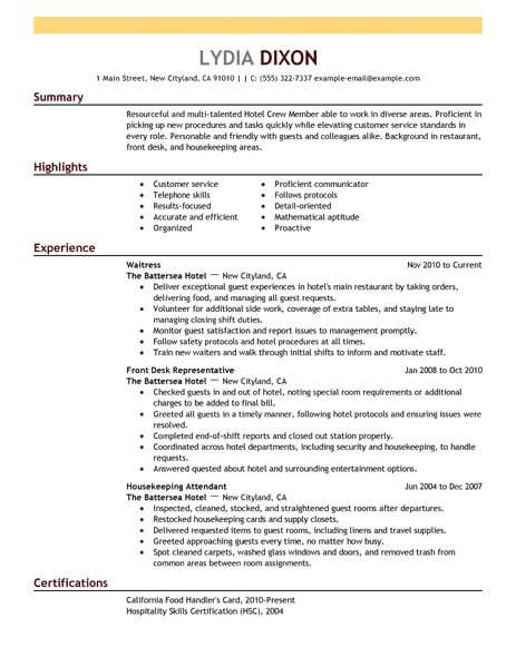 sample resume for service crew