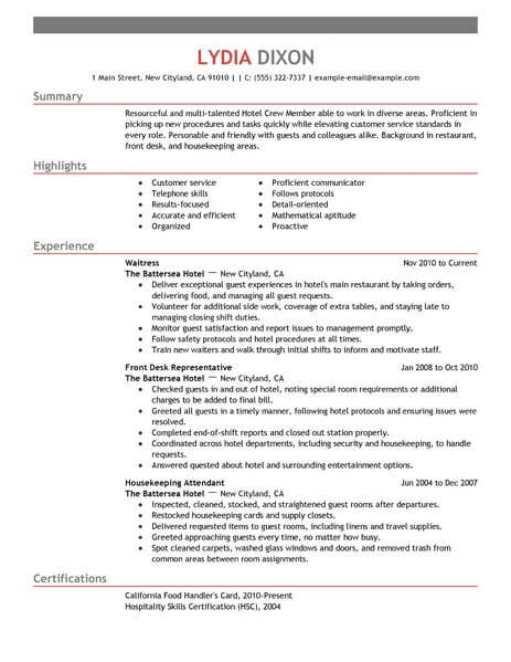 objective in resume for service crew