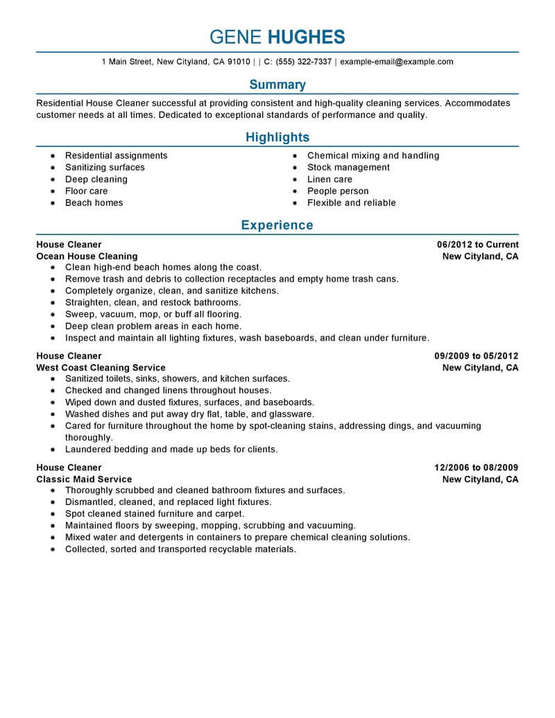 objective in resume for cleaner