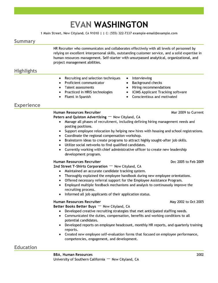 example of employment resume