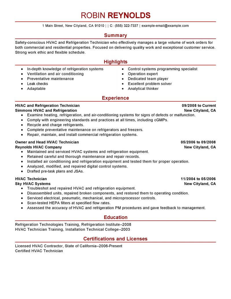 resume examples hvac technician