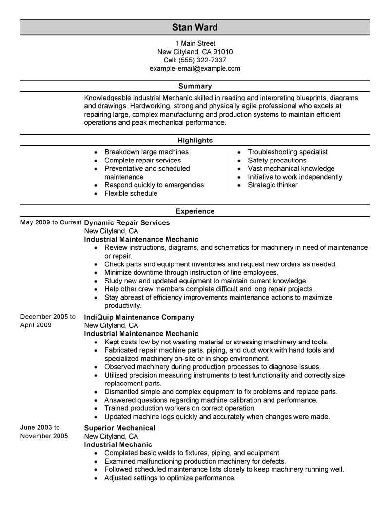 Professional Industrial Maintenance Mechanic Resume Examples