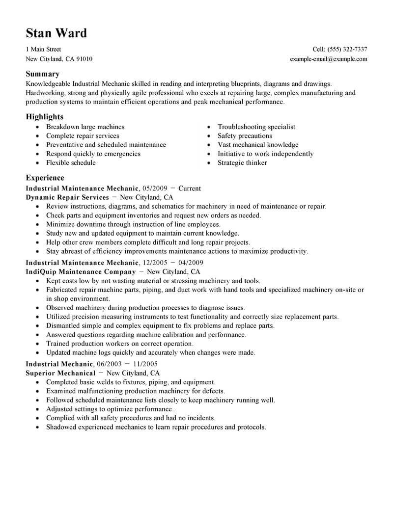 Industrial Maintenance Mechanic Resume Examples Livecareer