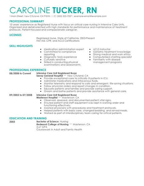 sample resume for icu registered nurse