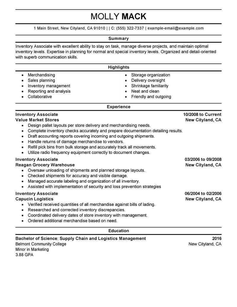 Professional Inventory Associate Resume Examples