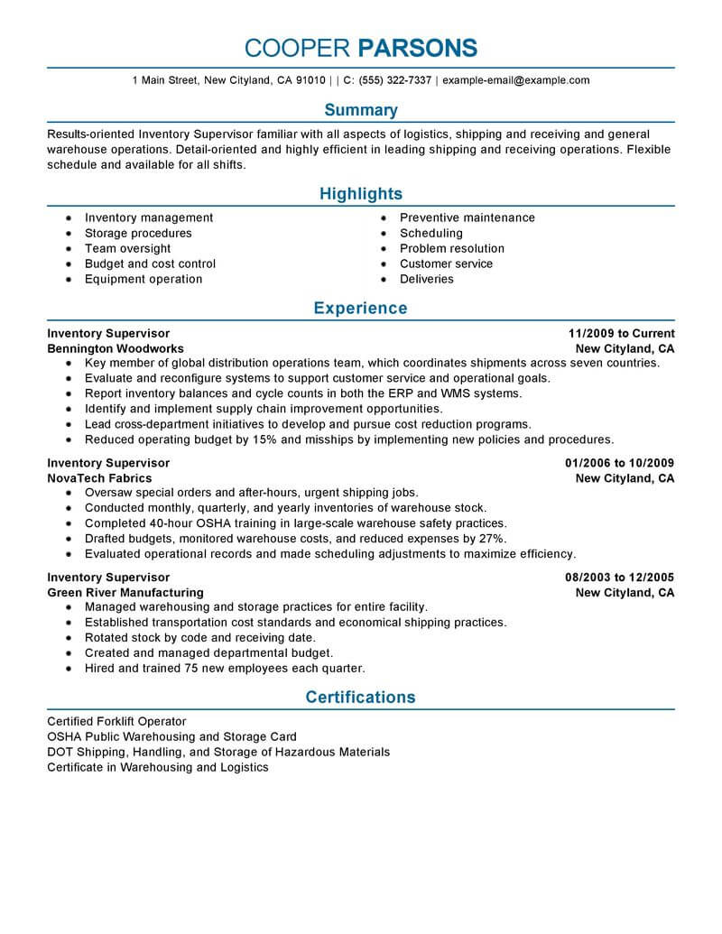 Professional Inventory Supervisor Resume Examples