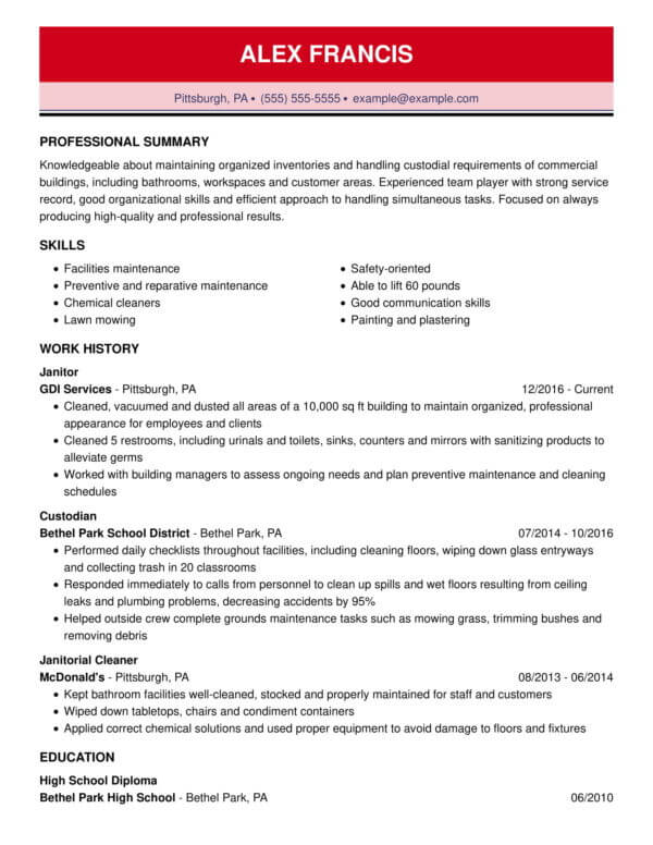 resume samples for janitorial positions