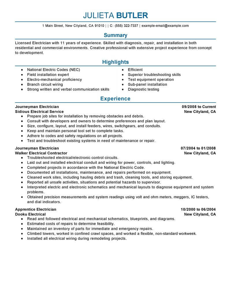 resume summary examples electrician