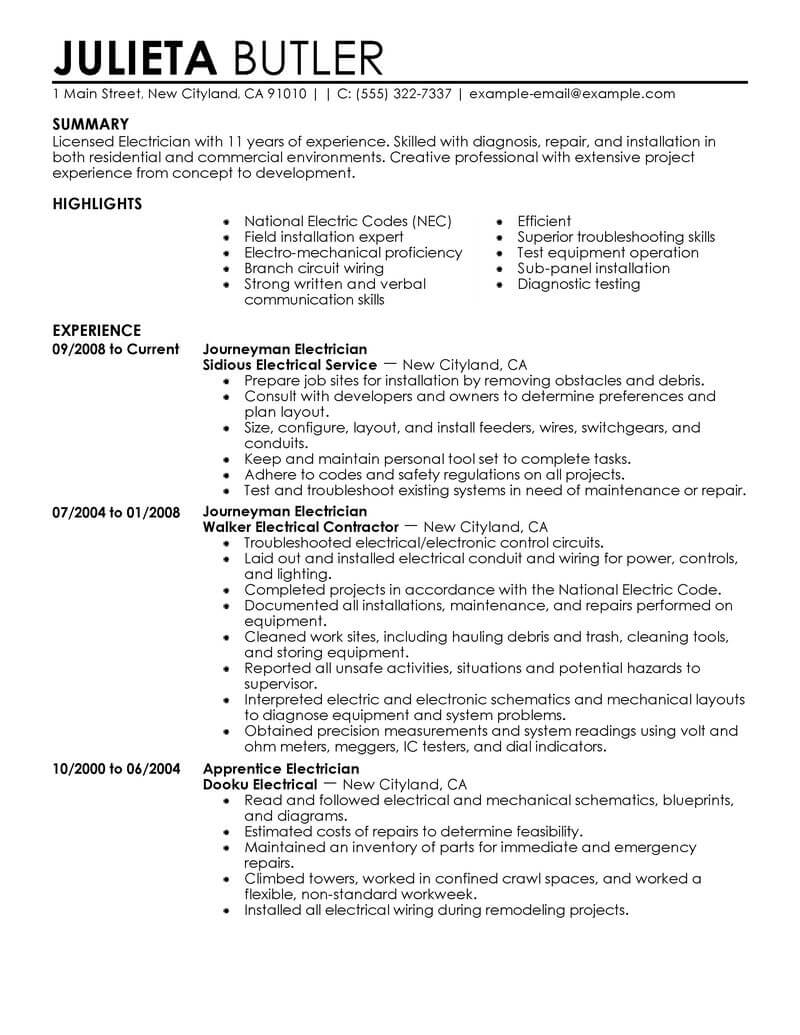 examples of electrician resume