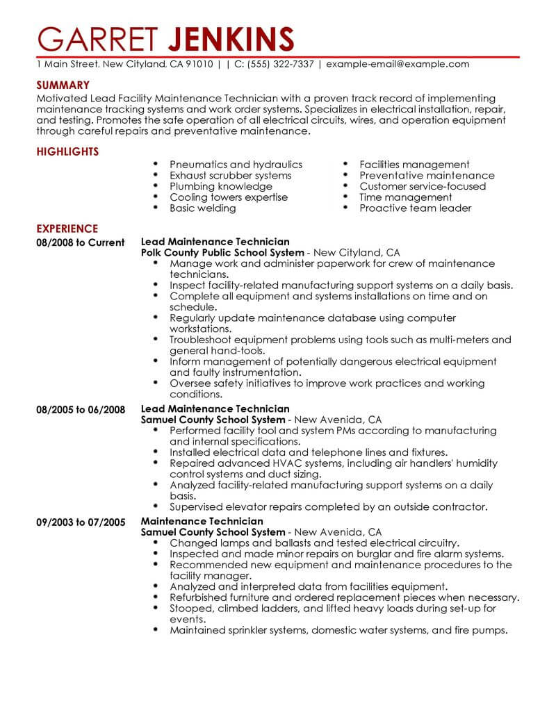 resume summary examples for maintenance mechanic