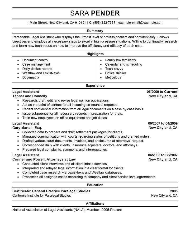 resume summary examples legal assistant