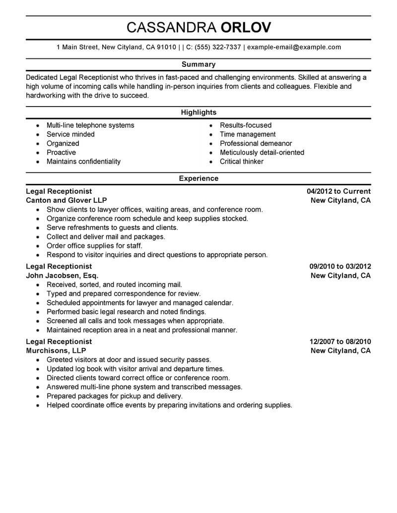 legal receptionist resume examples