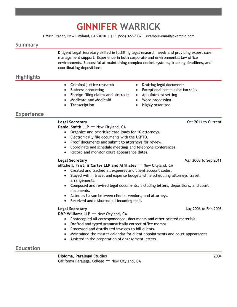 legal receptionist resume examples