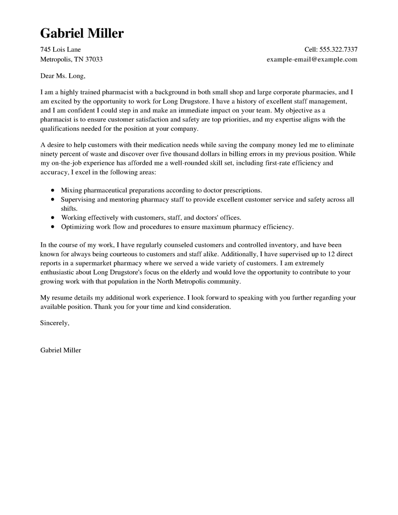 cover letter for pharmacist customer service