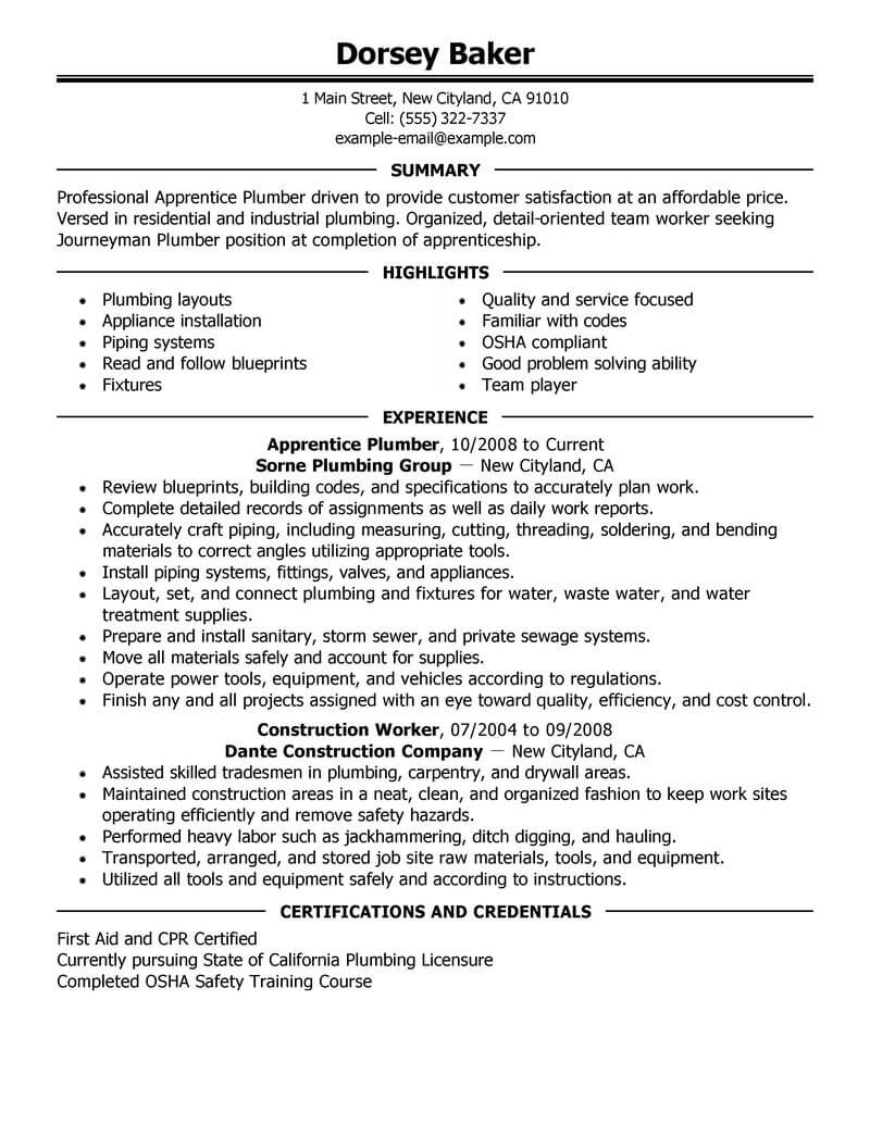 plumber helper job description resume