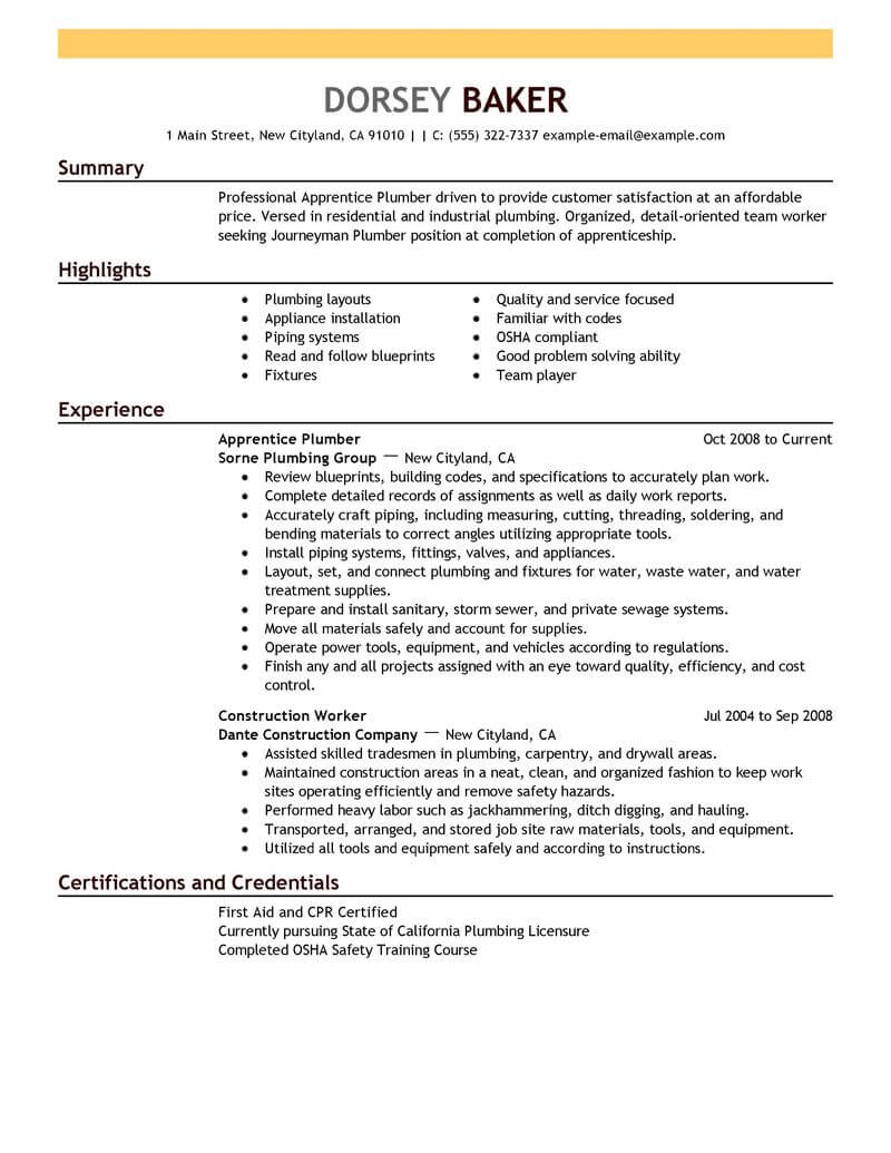 sample resume for plumber job