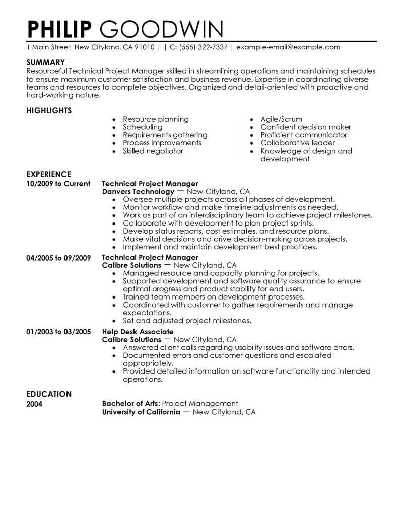 resume templates project manager