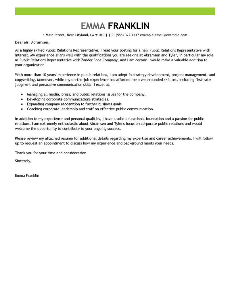 public relations cover letter sample