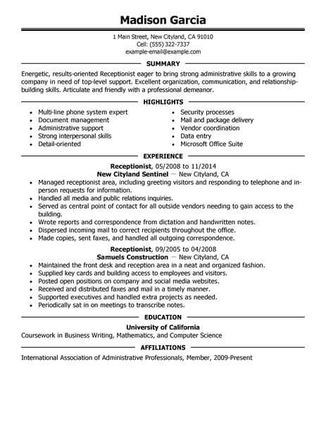 communication skills receptionist resume